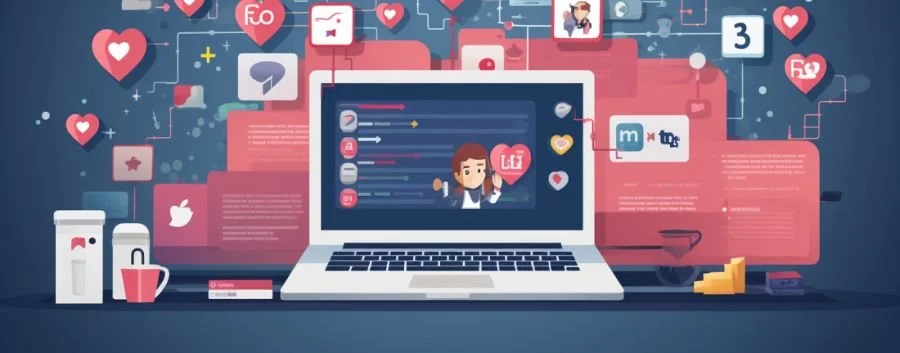 a laptop computer with a bunch of icons on it and a person on the screen with a phone representing the concept of pleasing facebook's algorithms to get organic leads