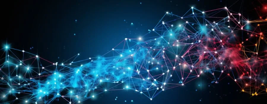 a blue and red abstract background with a network of dots and lines representing the concept of algorithms