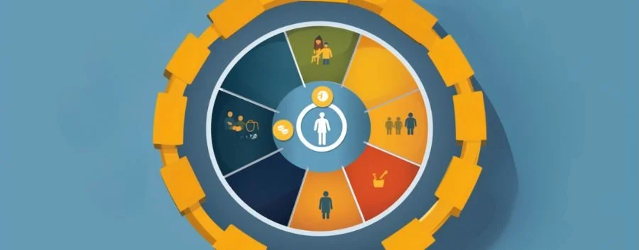 a wheel with people icons on it and a person standing in the center of it, with a blue background