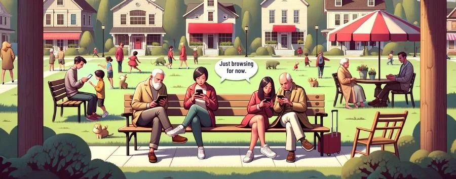 People of various ages relax in a vibrant suburban park, browsing on their devices with a prominent speech bubble reading, 'Just browsing for now.'