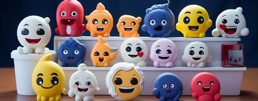 a close up of a bunch of different colored toy emojis on a table with a blue background behind them