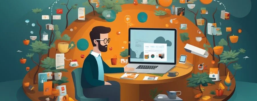 a man sitting at a desk with a laptop surrounded by various objects and plants, and a phone and a laptop