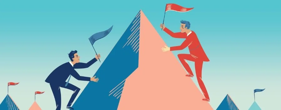 a man and woman climbing a mountain with flags on top of it, one holding a flag and the other
